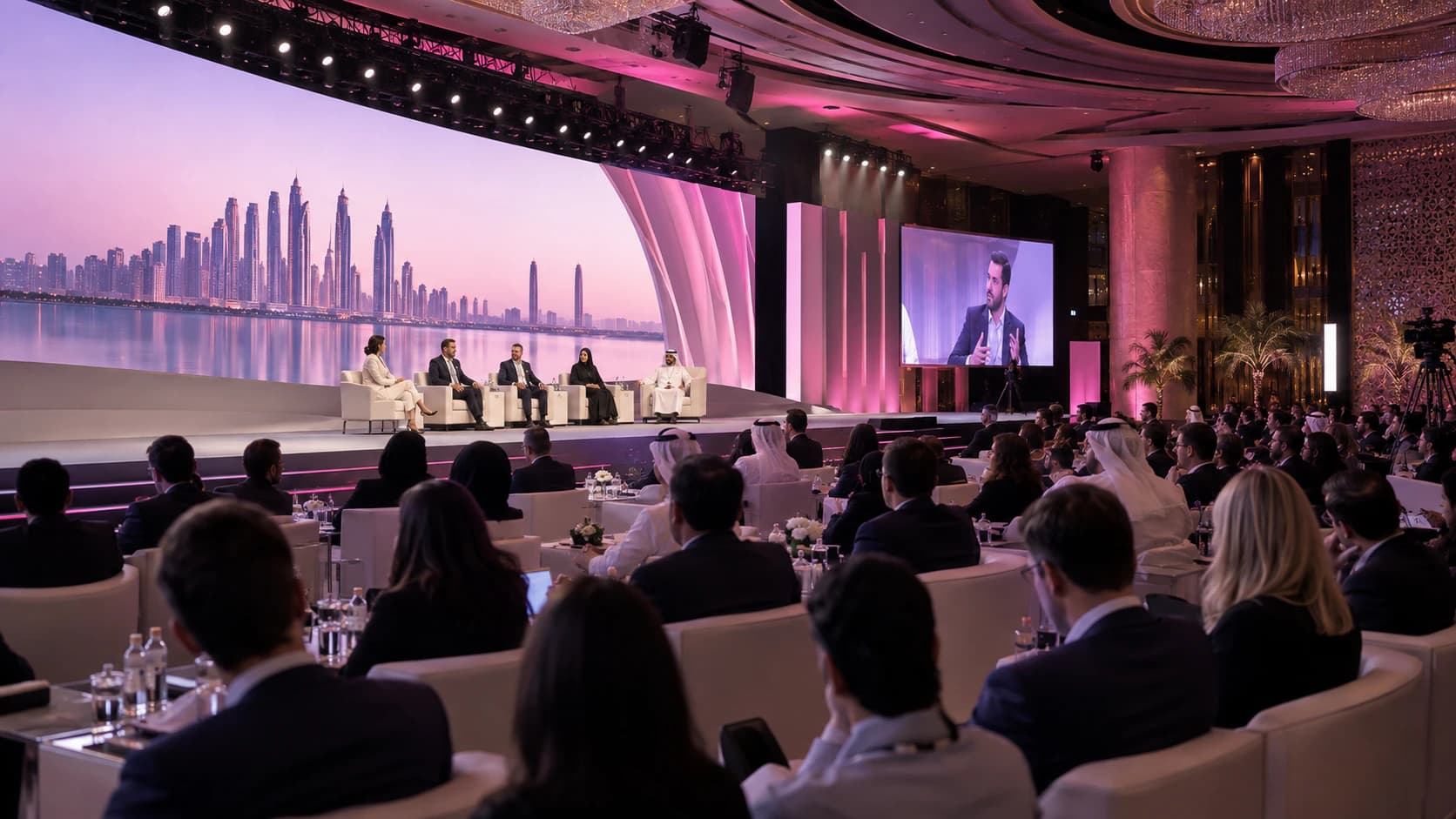 A panel of five speakers seated on a ballroom stage, one shown on a side screen, before an audience at lounge tables.