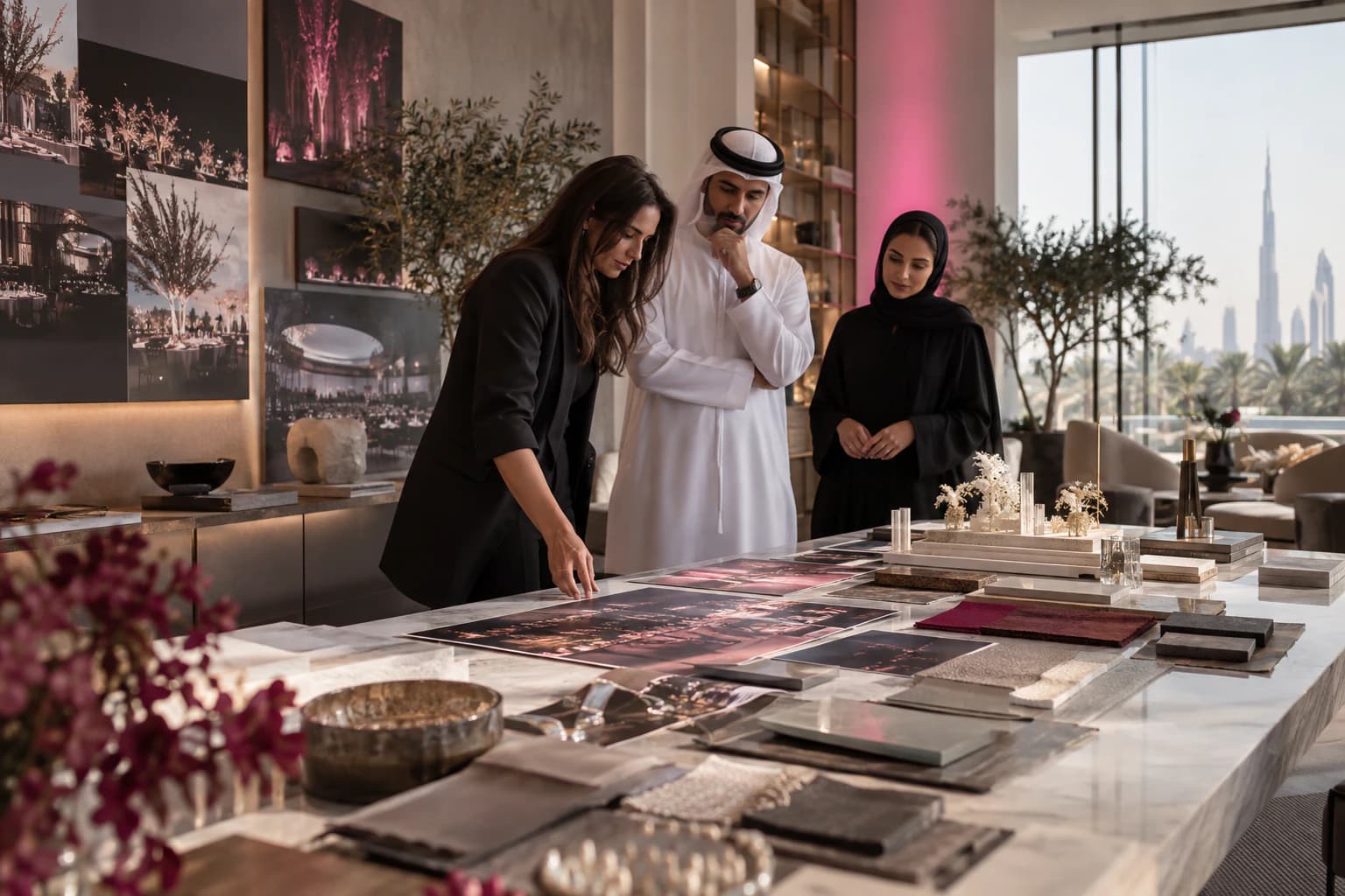 Three people review printed layouts and material samples laid out on a marble table in a design studio.