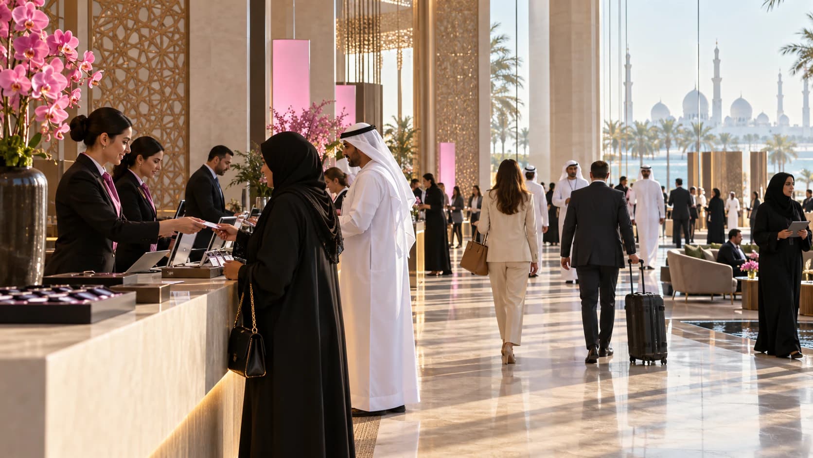 Guests collect passes at a registration desk in a bright marble lobby as others arrive behind them.